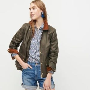 J Crew Courduroy Trim Green Waxed Barn Chore Jacket